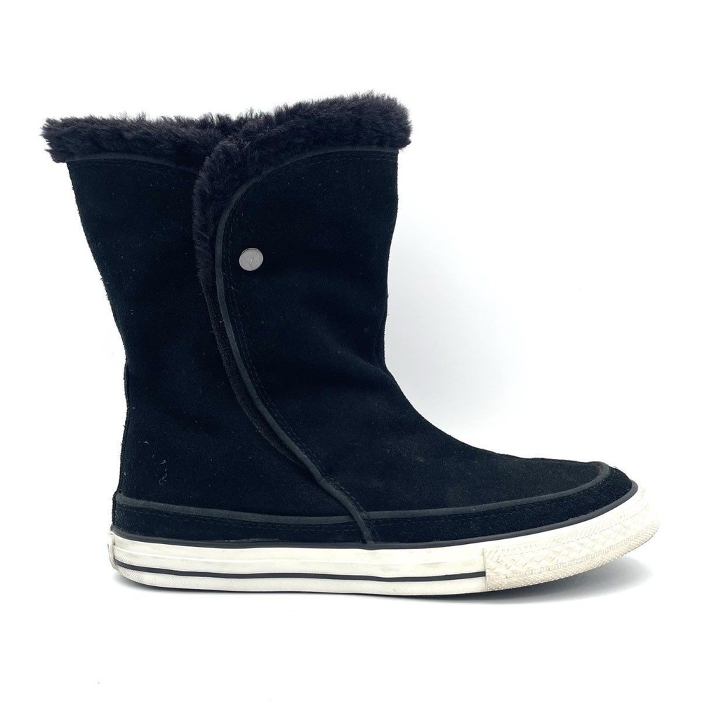 Converse All Star Black Leather Suede Fur Boots Women's 10 Mid Calf Sneakers